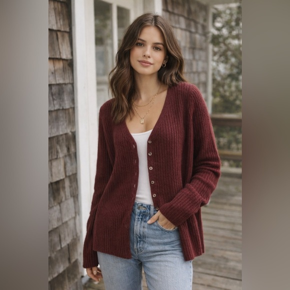 Abercrombie & Fitch Wool Blend Ribbed Button Front Cardigan Sweater Burgundy L - Picture 16 of 16